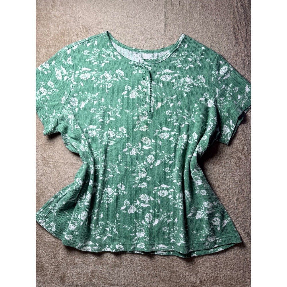 VTG Blair Womens 2XL Green Floral Henley Top Short Sleeve Pointelle Knit Shirt